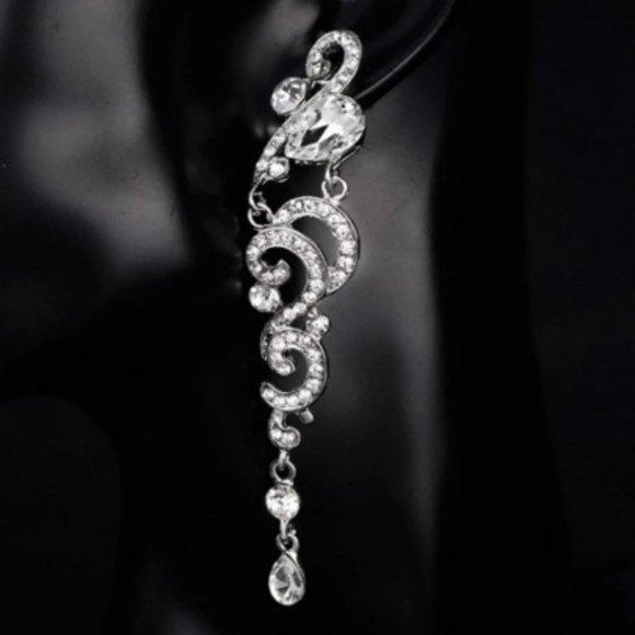 Silver Crystal Dangle Earrings Rhinestone Earrings Prom Bridal Drop Earrings - Picture 1 of 6